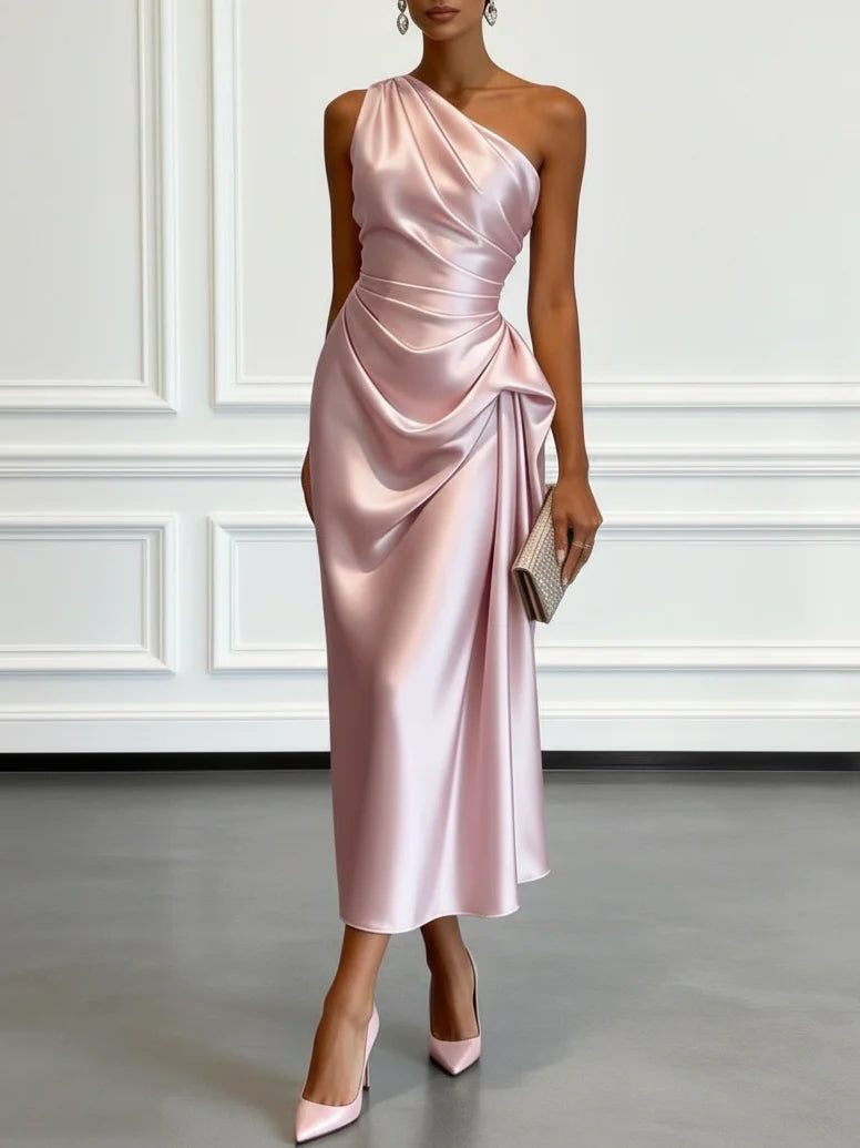 Chic women's ruched one-shoulder midi dress, an elegant choice for cocktail parties & formal events.