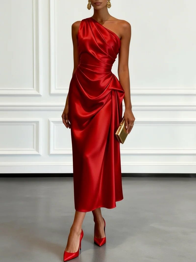 Sophisticated women's ruched midi dress with a unique one-shoulder, great for wedding guests.
