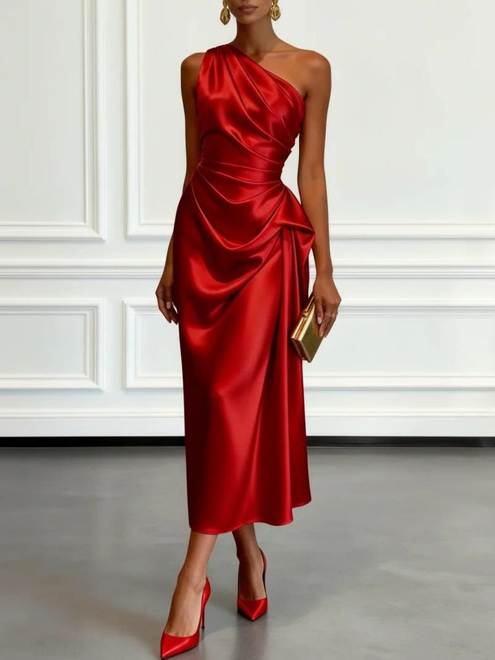 Sophisticated women's ruched midi dress with a unique one-shoulder, great for wedding guests.