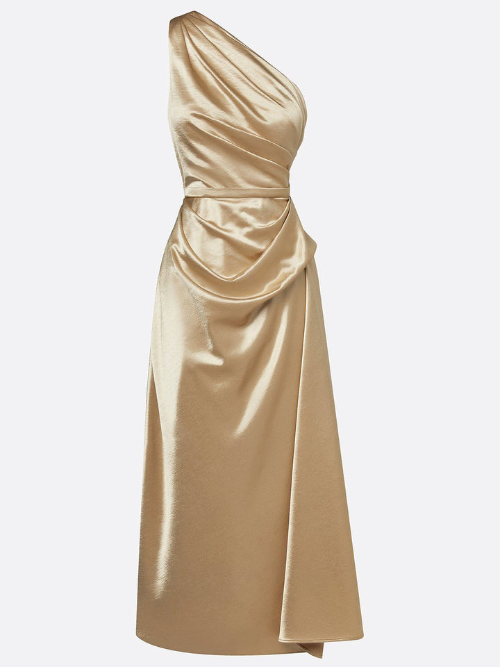 Wedding guest one-shoulder ruched midi dress, elegant and flattering for women's special occasions.