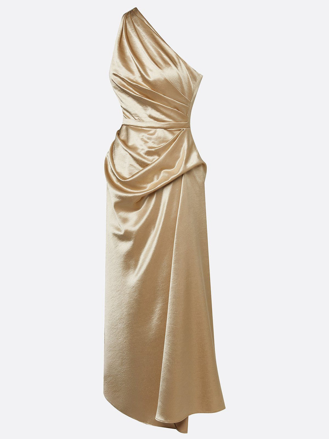 Women's elegant one-shoulder ruched midi dress, a formal and stylish option for evening events.