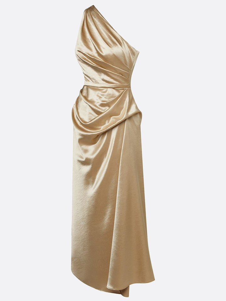 Women's elegant one-shoulder ruched midi dress, a formal and stylish option for evening events.