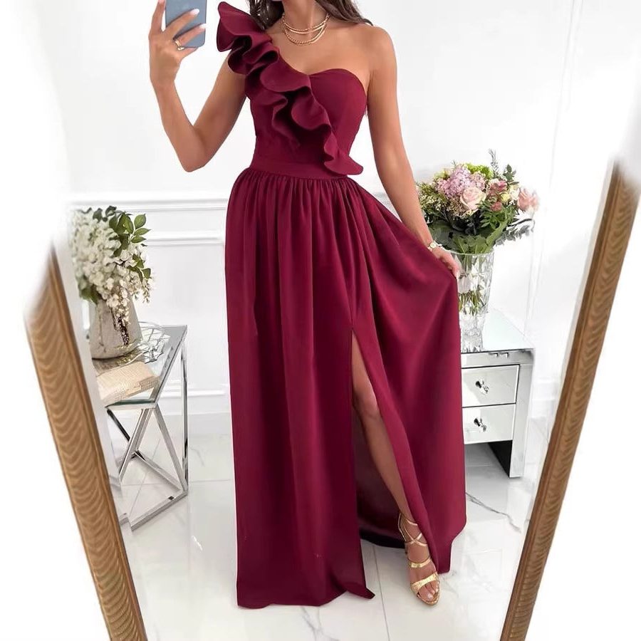 Elegant one-shoulder ruffle maxi dress for women, perfect for evening events & special occasions.