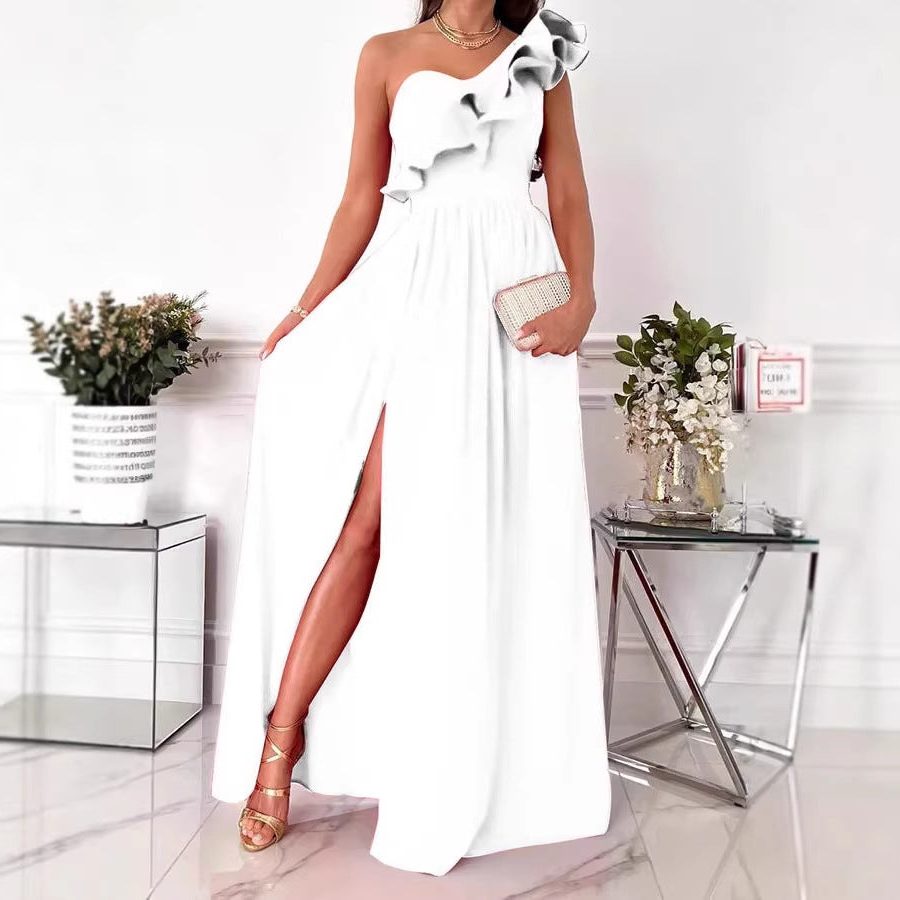 Womens formal one-shoulder maxi gown with ruffles & high slit, ideal for elegant parties.
