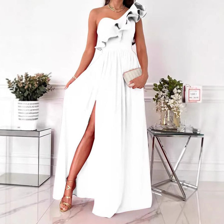 Womens formal one-shoulder maxi gown with ruffles & high slit, ideal for elegant parties.