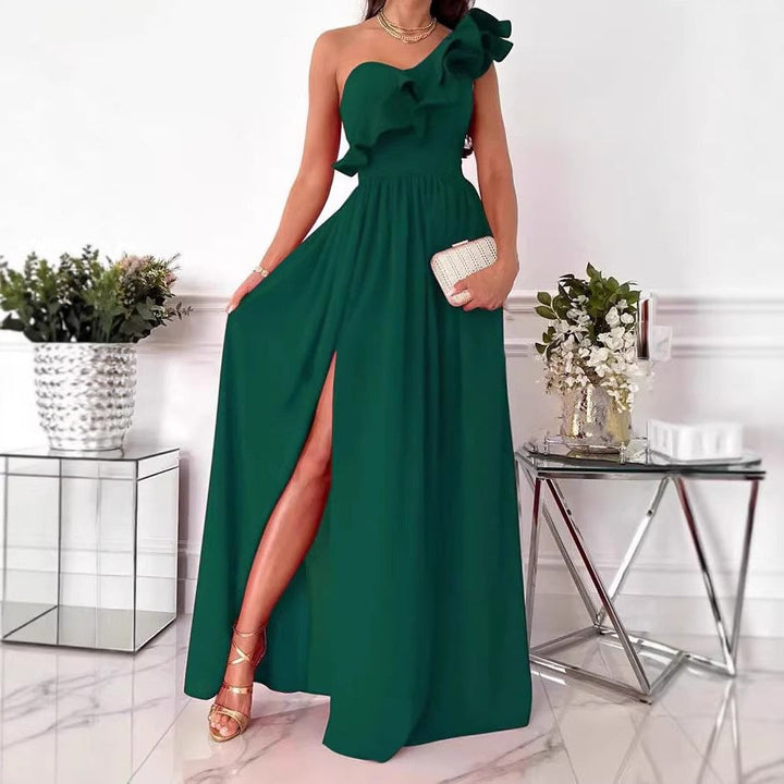 Stylish women's one-shoulder evening dress with a flowing ruffle design and maxi length.