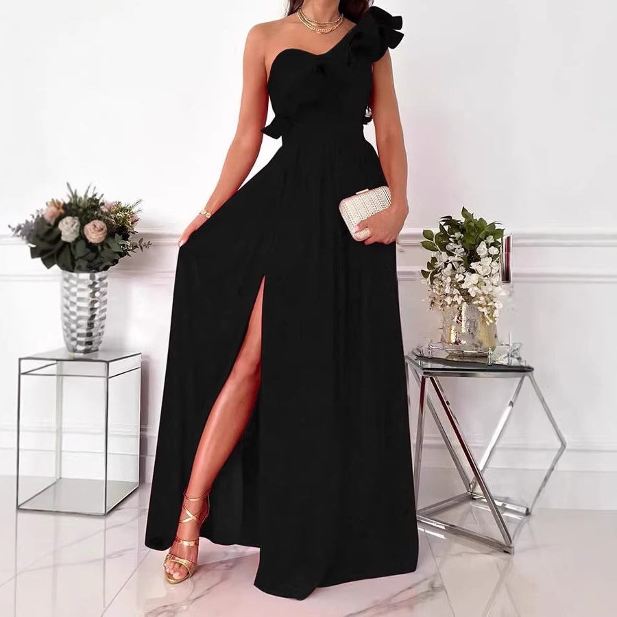 Beautiful one-shoulder ruffle maxi dress, an elegant formal gown for women's special occasions.
