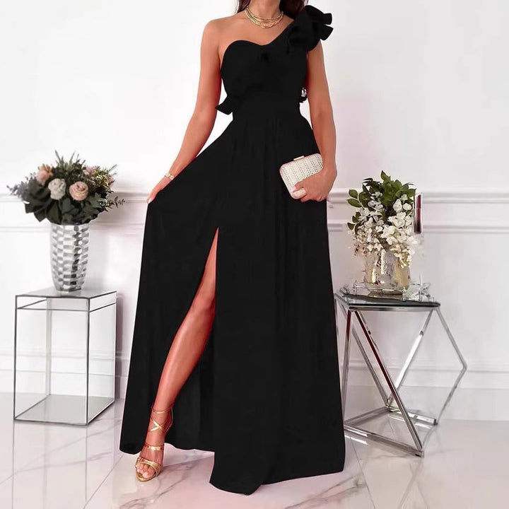 Beautiful one-shoulder ruffle maxi dress, an elegant formal gown for women's special occasions.