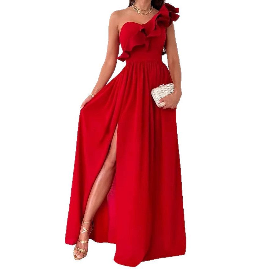 Women's elegant party wear maxi dress with a sophisticated one-shoulder and ruffle detail.