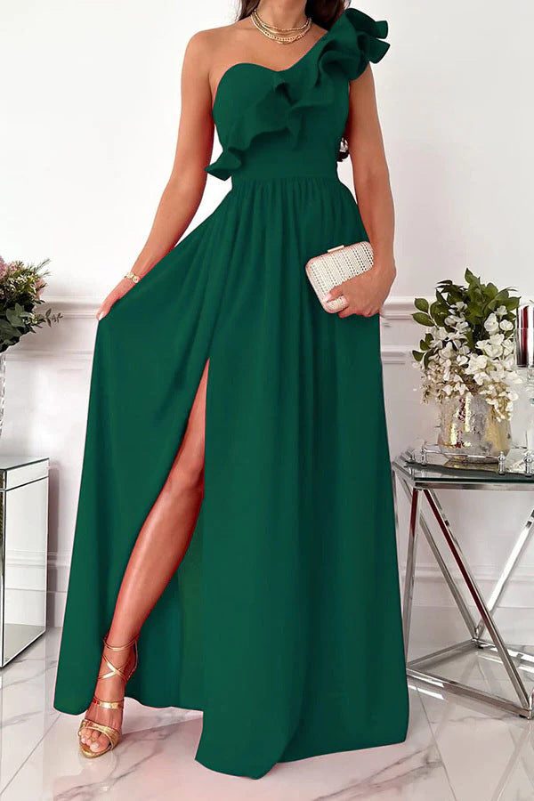 Chic one-shoulder ruffle formal gown for women, a stunning maxi dress for evening wear.