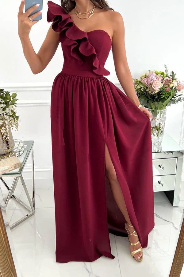 Gorgeous women's special occasion one-shoulder maxi dress, featuring ruffles & a high slit.