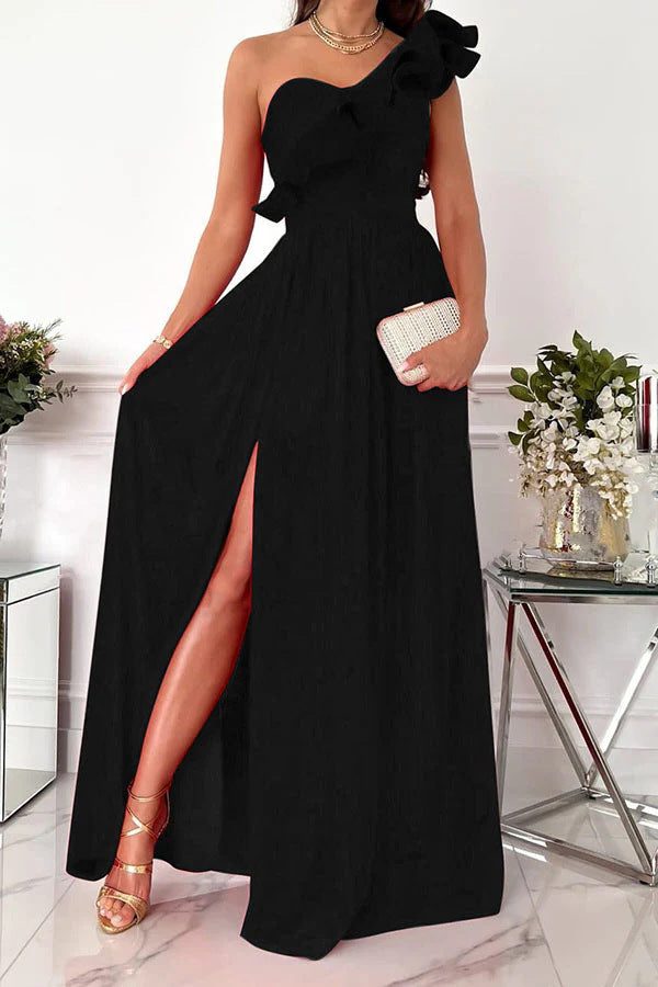 Formal one-shoulder ruffle evening gown, a long maxi dress for elegant women's parties.