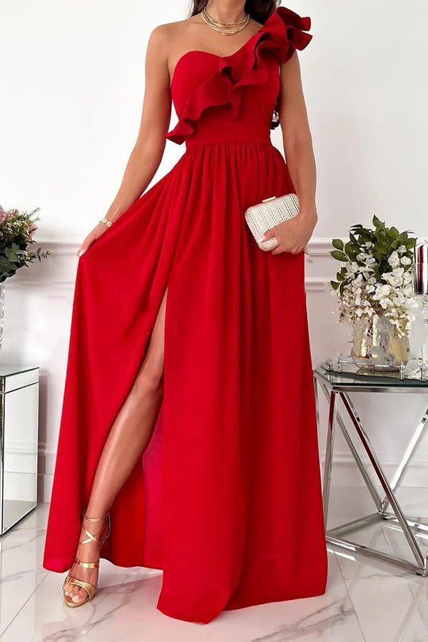 Womens fashion one-shoulder maxi dress, elegant ruffle design for formal & evening events.