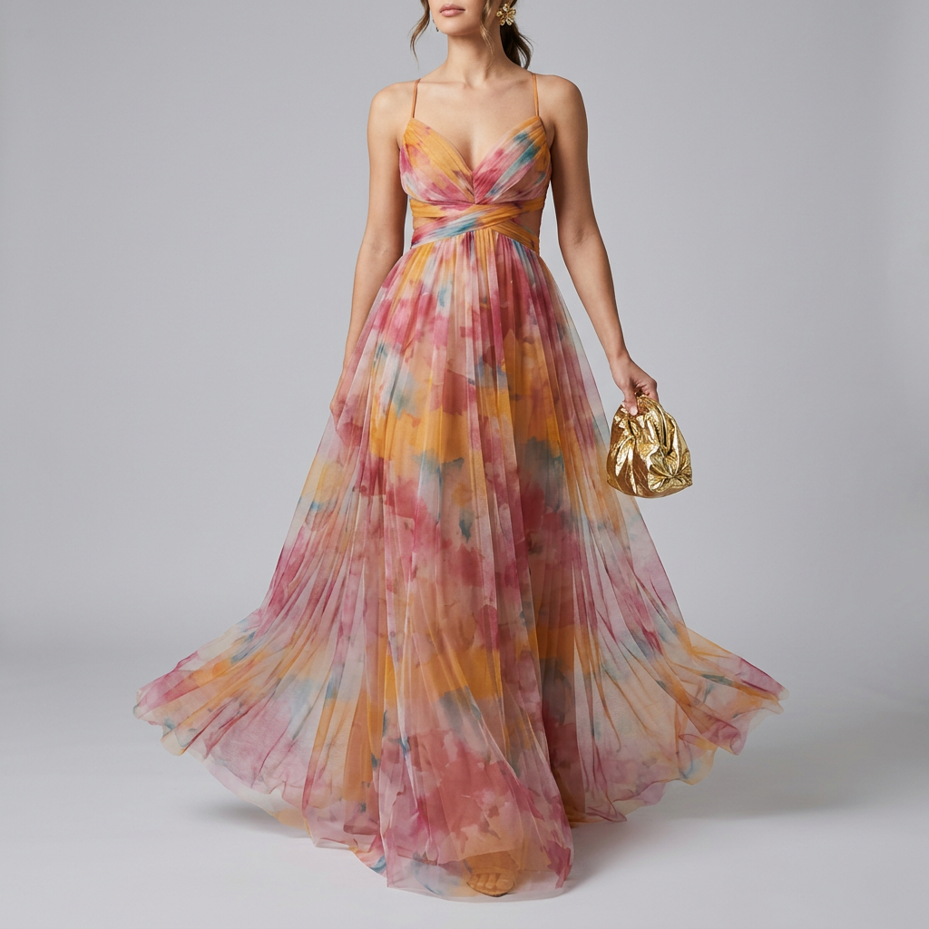 Elegant orange floral maxi dress for women, ideal for wedding guests, summer parties & special occasions. Long pleated design.
