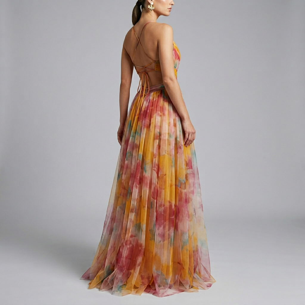 Green floral maxi dress for wedding guests, featuring spaghetti straps & pleated skirt. Perfect elegant summer party dress.
