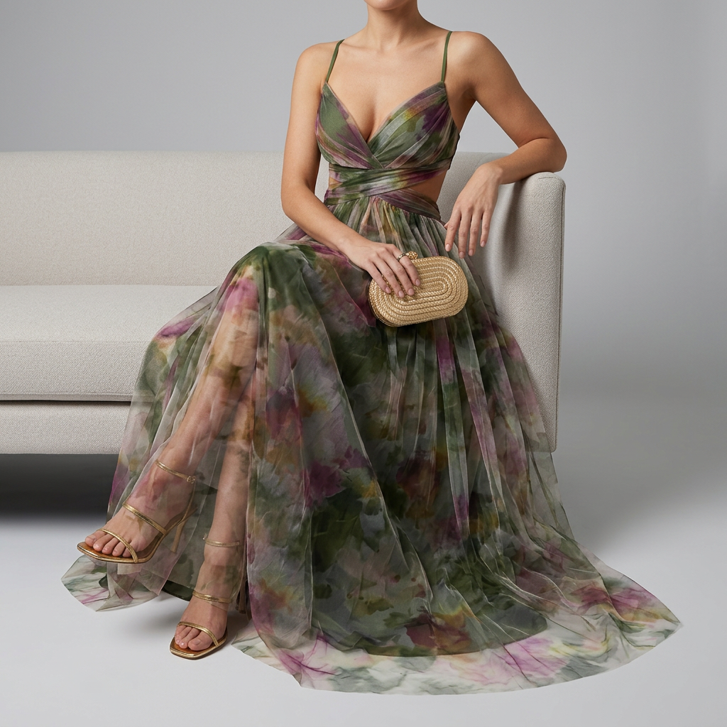 Feminine women's elegant floral maxi dress with delicate spaghetti straps, perfect for special occasion or event wear.