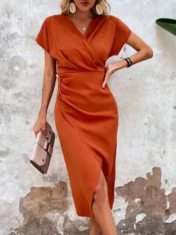 Women's smart casual orange wrap midi dress with V-neck & side slit, perfect for versatile elegant occasions.