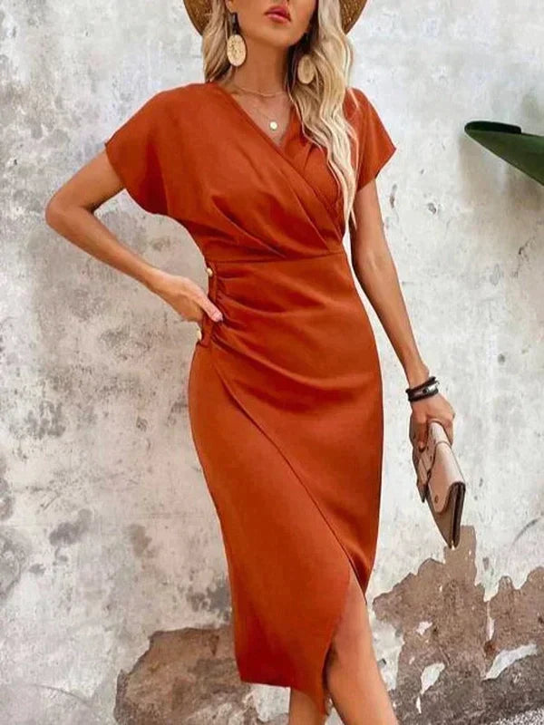 Chic women's orange midi wrap dress, elegant V-neck design, short sleeves, and a fashionable side slit.