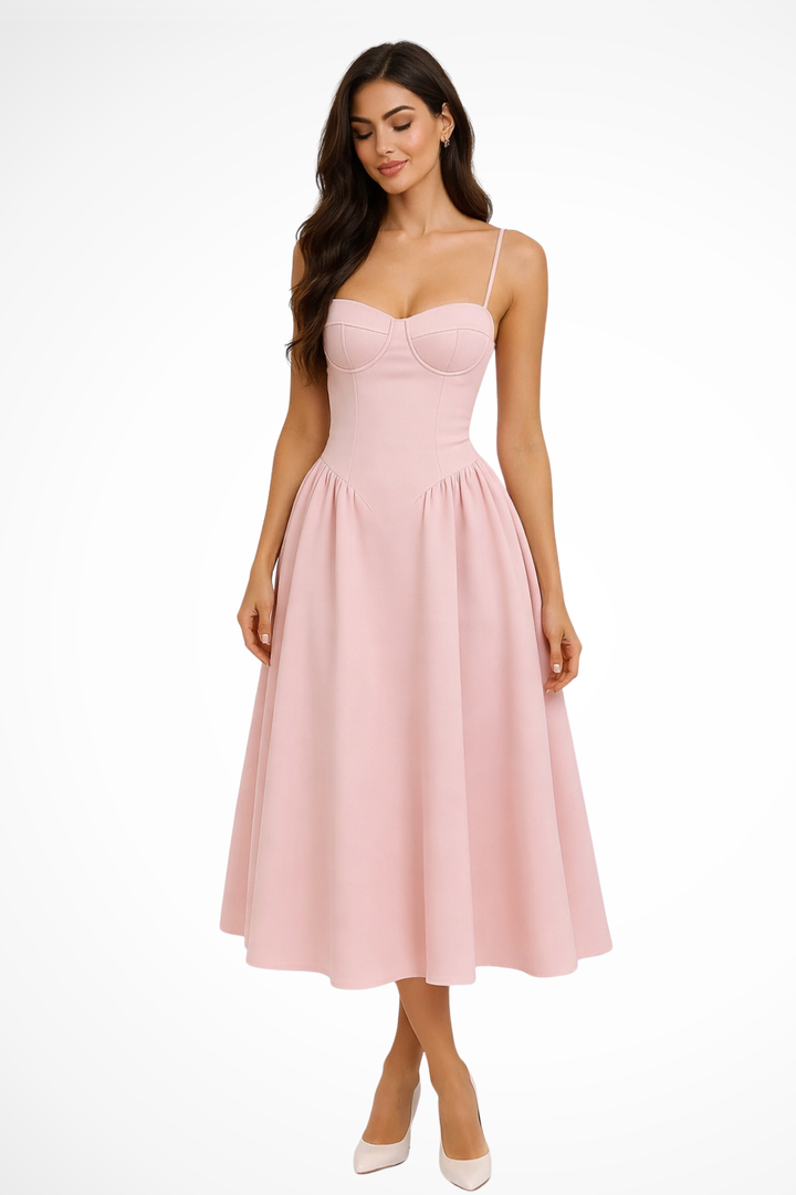 Elegant pink A-line corset bodice midi dress for women, perfect for wedding guests & formal occasion wear.