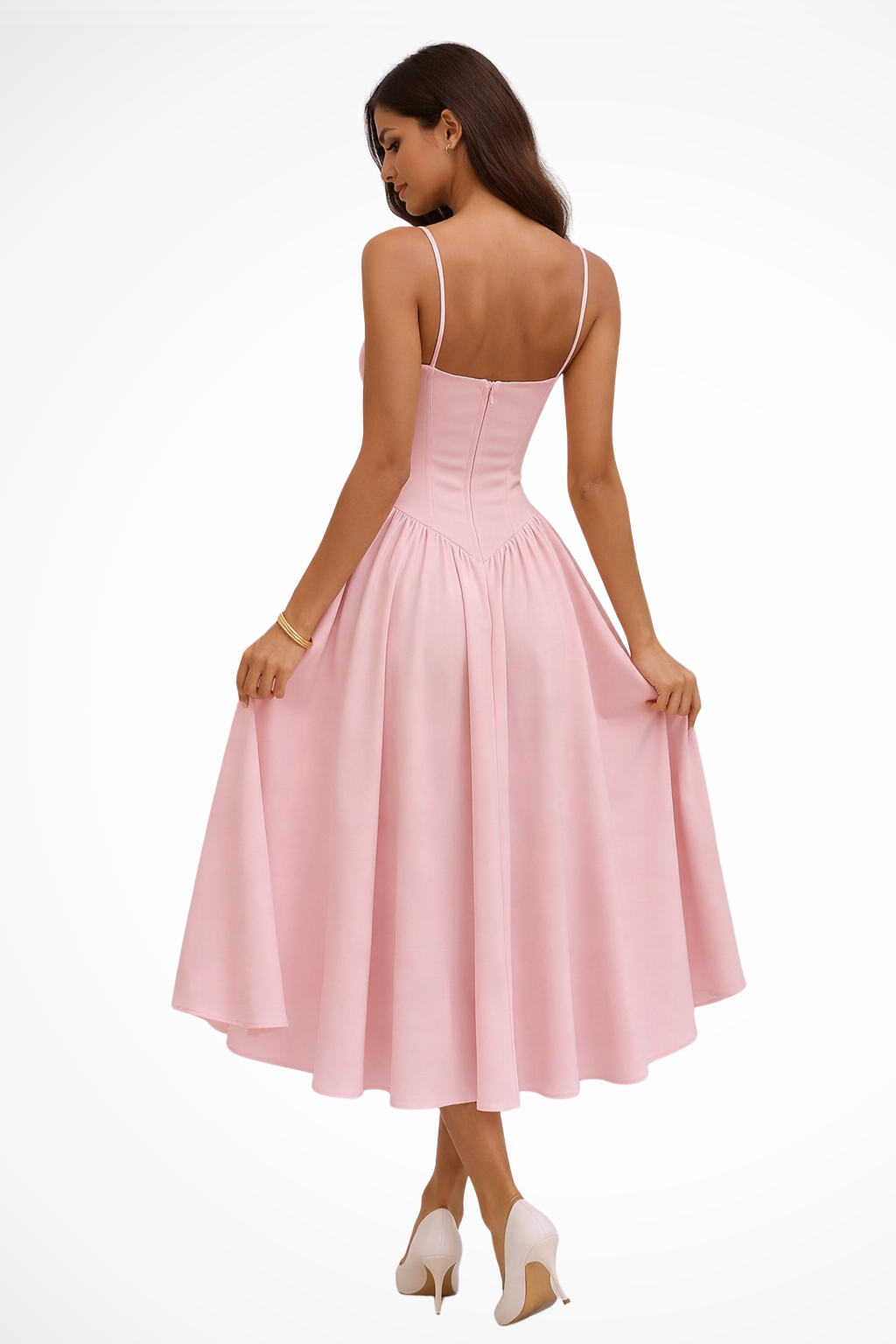 Women's formal pink corset midi dress, an A-line wedding guest dress for elegant occasions. Sophisticated style.