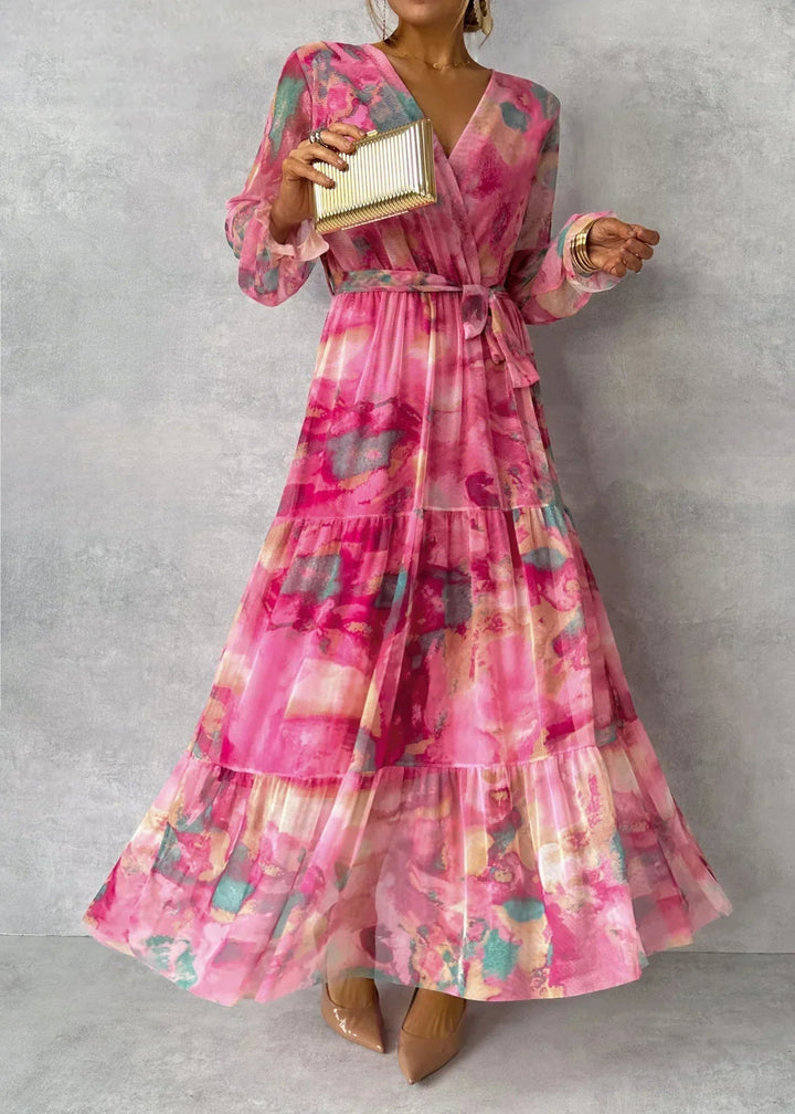 Women's long sleeve V-neck floral wrap maxi dress, an elegant choice for wedding guests & special occasions.