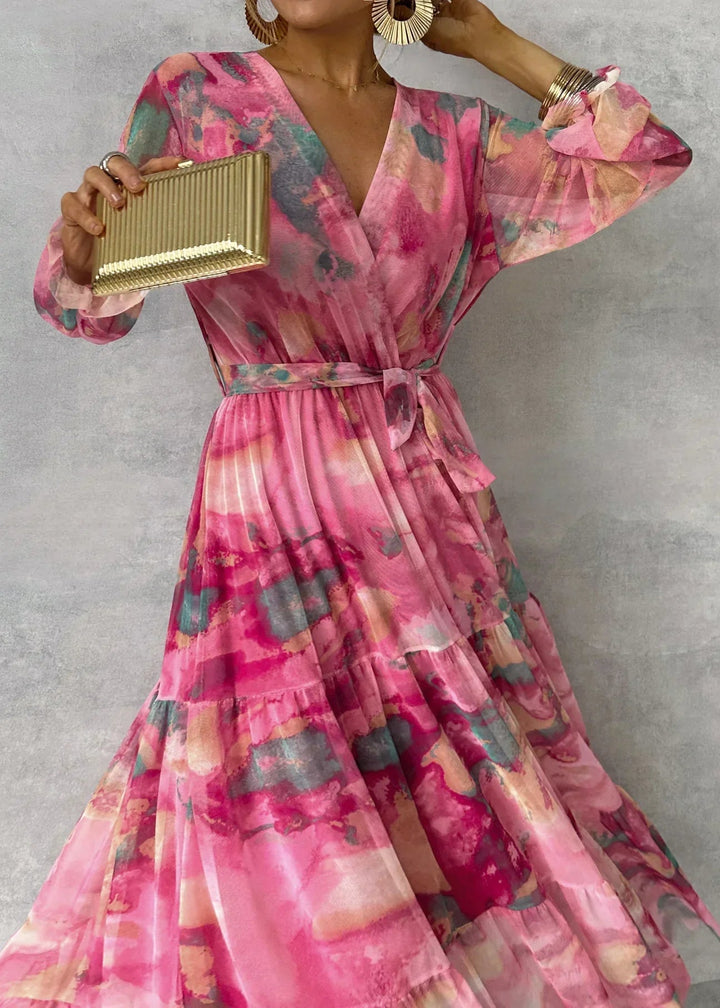 Chic women's floral wrap maxi dress, ideal as a pink wedding guest outfit or elegant party occasion dress.