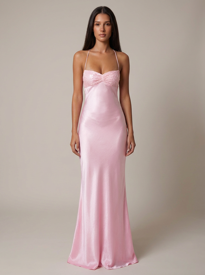 Elegant pink halter maxi dress for women, perfect as an evening gown or special occasion formal wear.
