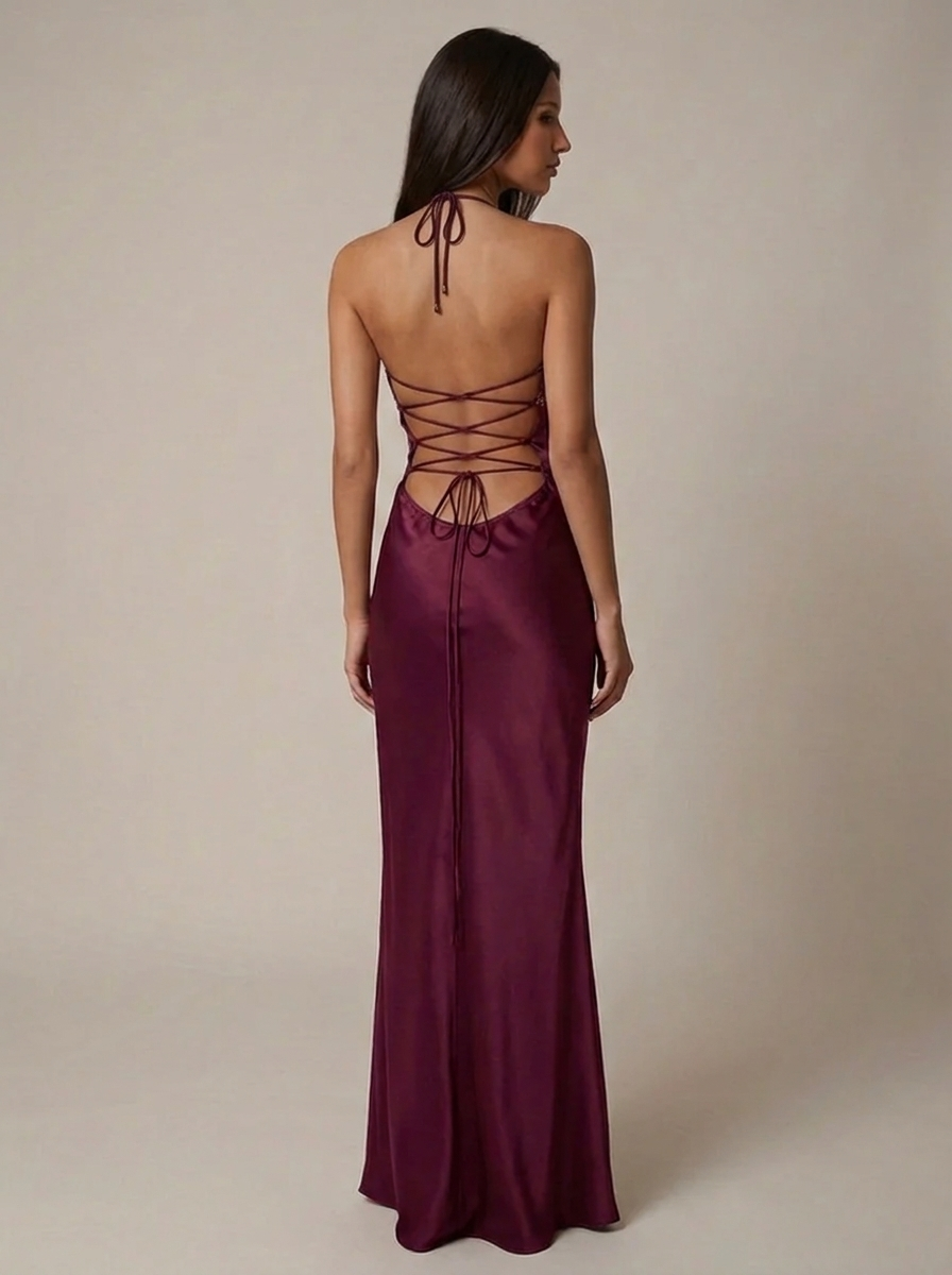 Beautiful purple halter maxi dress, an evening gown for women featuring a chic lace-up design.