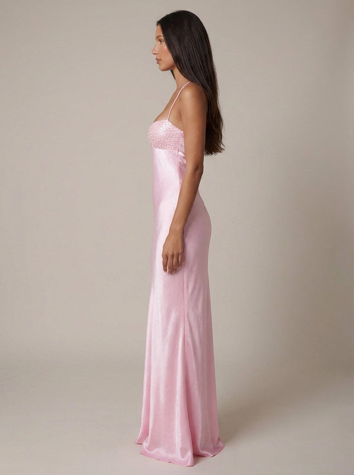 Formal purple maxi dress for women, a beautiful halter evening gown with intricate beaded embellishments.