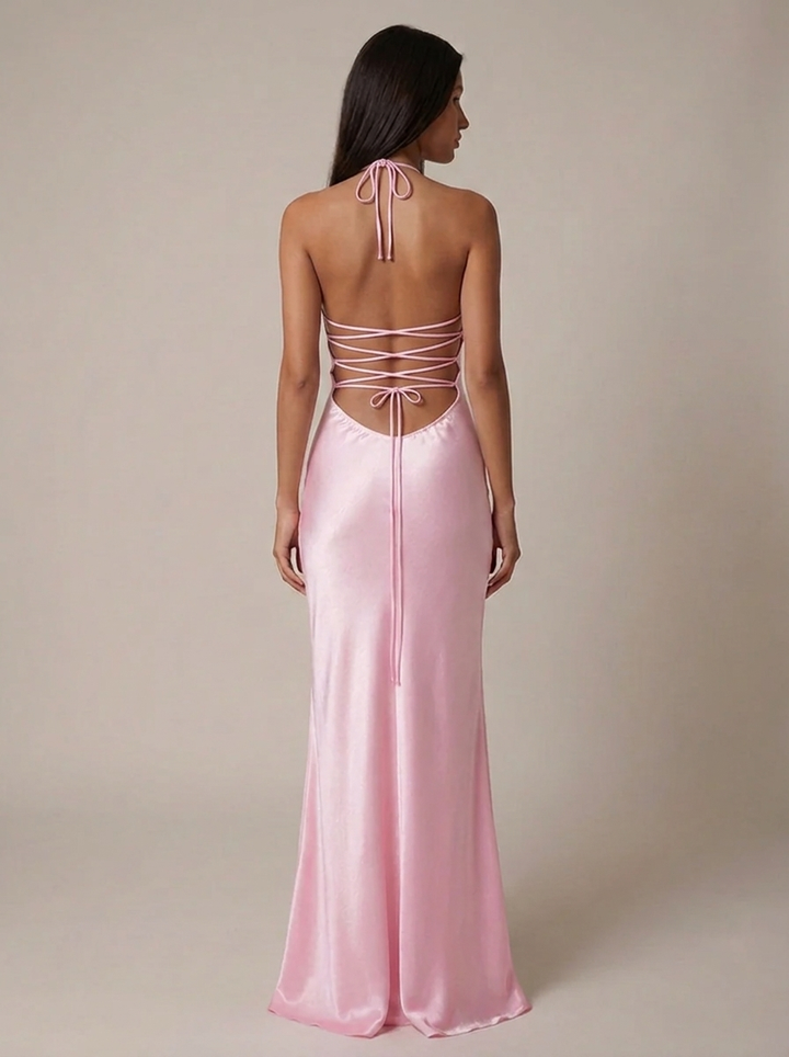 Pink halter maxi dress, an elegant women's special occasion gown, perfect for formal events.