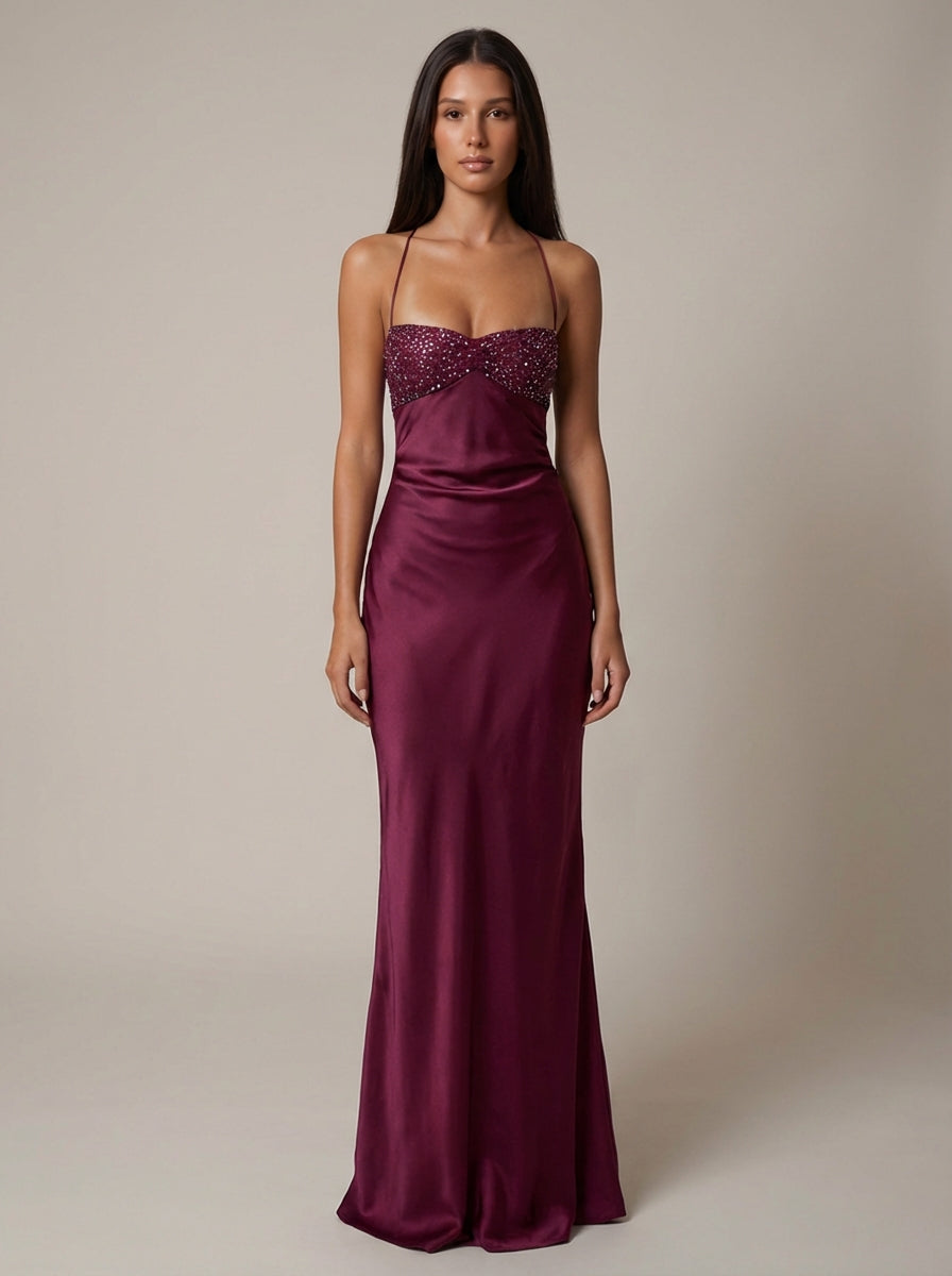 Purple evening gown for women, a sophisticated halter maxi dress with stunning beaded details.