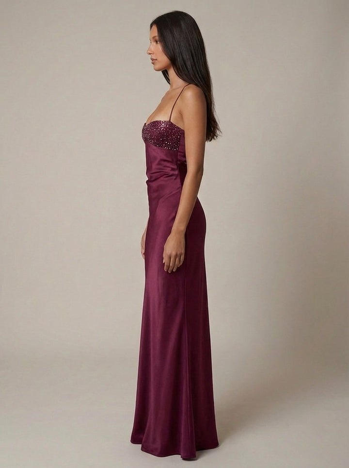Gorgeous purple halter maxi dress, a beaded evening gown perfect for women's formal special events.