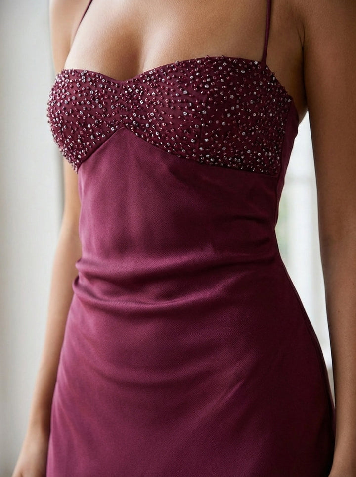 Stylish pink halter maxi dress for women, a formal special occasion dress with elegant details.
