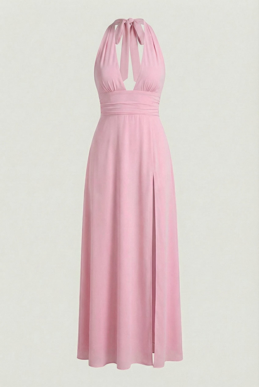 Chic pink sleeveless maxi dress with a flattering halter neckline, elegant for any occasion.