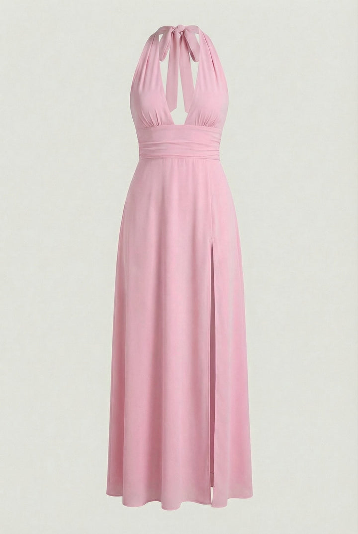 Chic pink sleeveless maxi dress with a flattering halter neckline, elegant for any occasion.