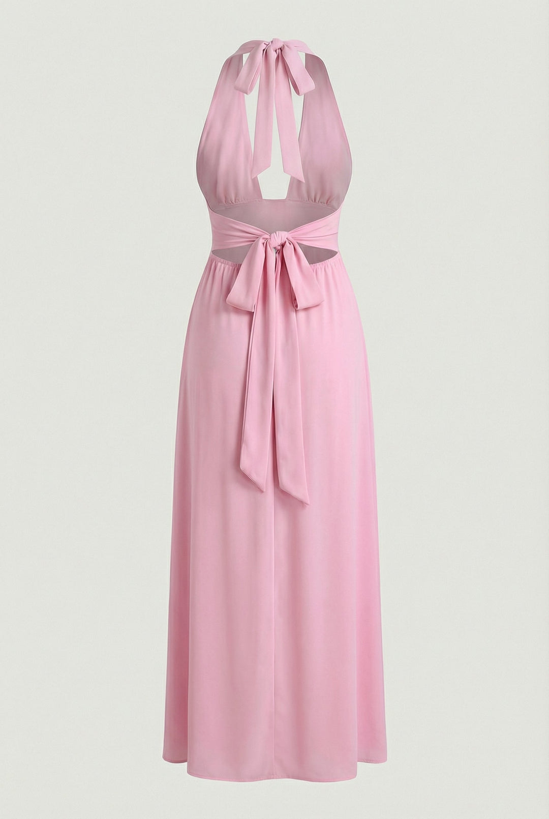 Fashionable pink party maxi dress with halter style, perfect for summer evenings and formal wear.