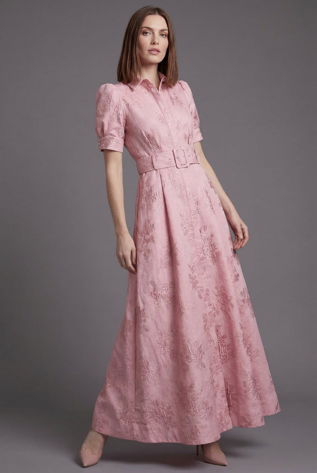 Elegant pink puff sleeve maxi dress with belt for formal occasions