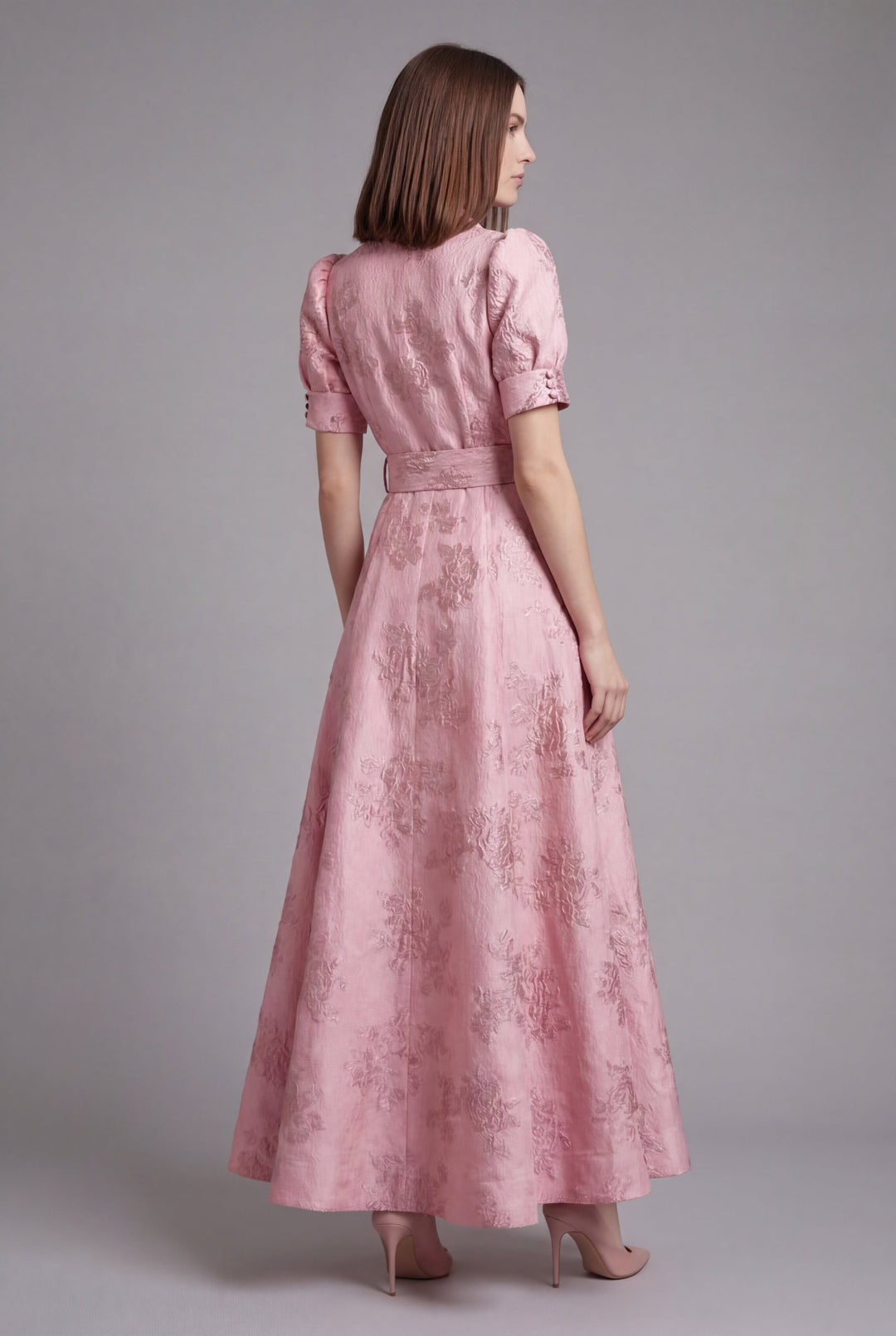 Stylish pink belted puff sleeve dress, perfect for summer events