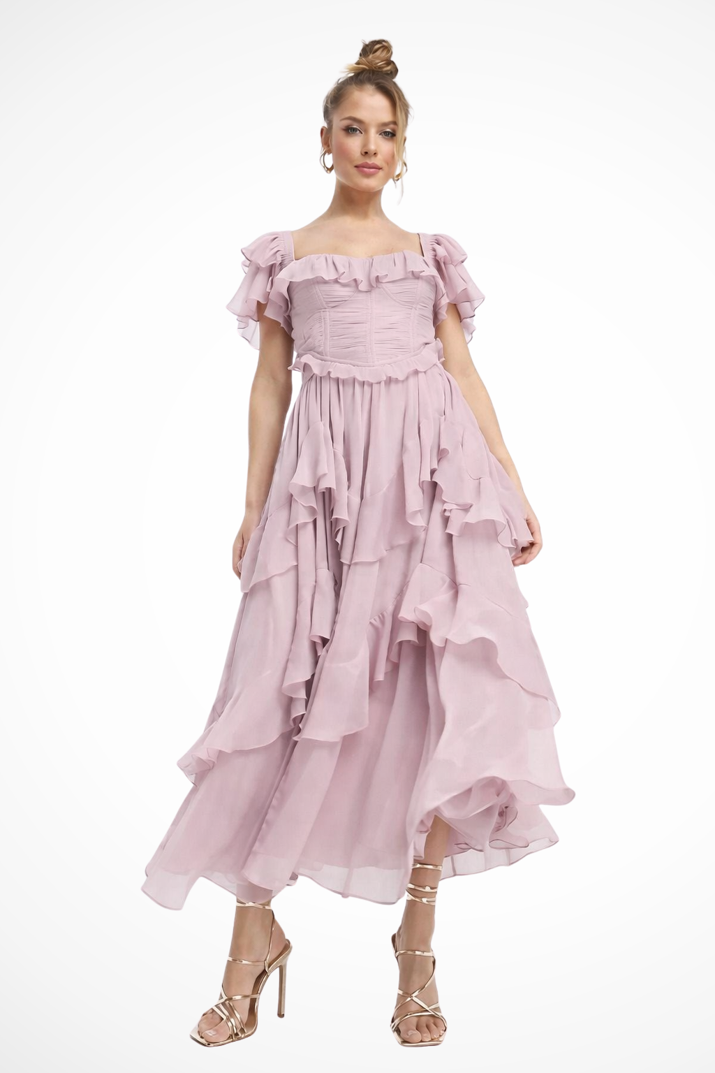 Elegant pink tiered ruffle maxi dress for women, perfect for race days or formal occasions. Off-shoulder design.