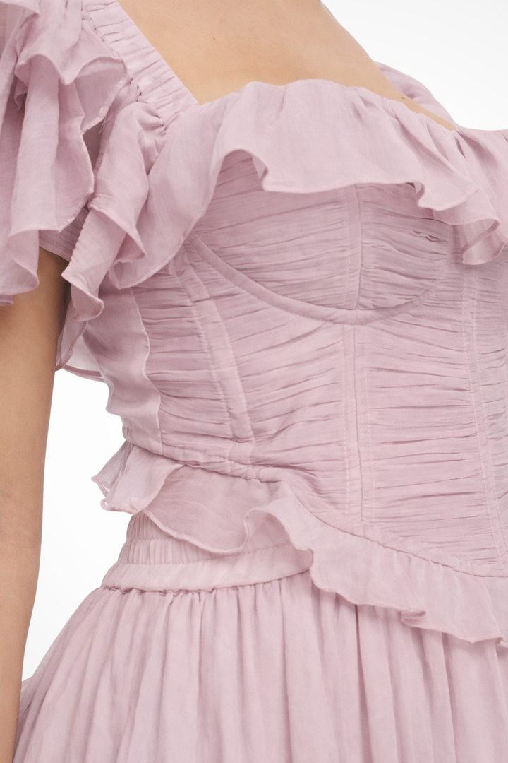Women's elegant pink ruffled tiered maxi dress, perfect occasion wear for race days, parties, and formal events.
