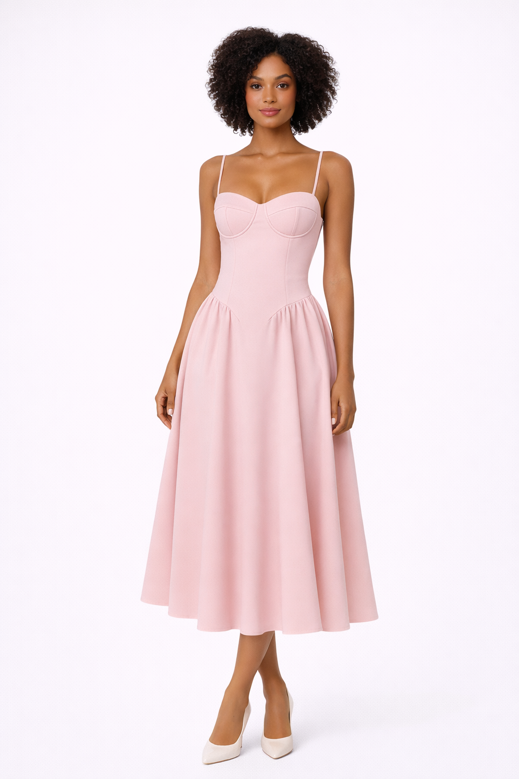 Elegant pink women's corset midi dress, perfect for special occasions. Features a structured A-line silhouette.