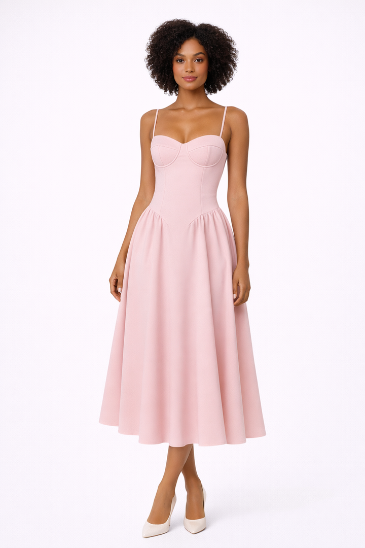 Elegant pink women's corset midi dress, perfect for special occasions. Features a structured A-line silhouette.