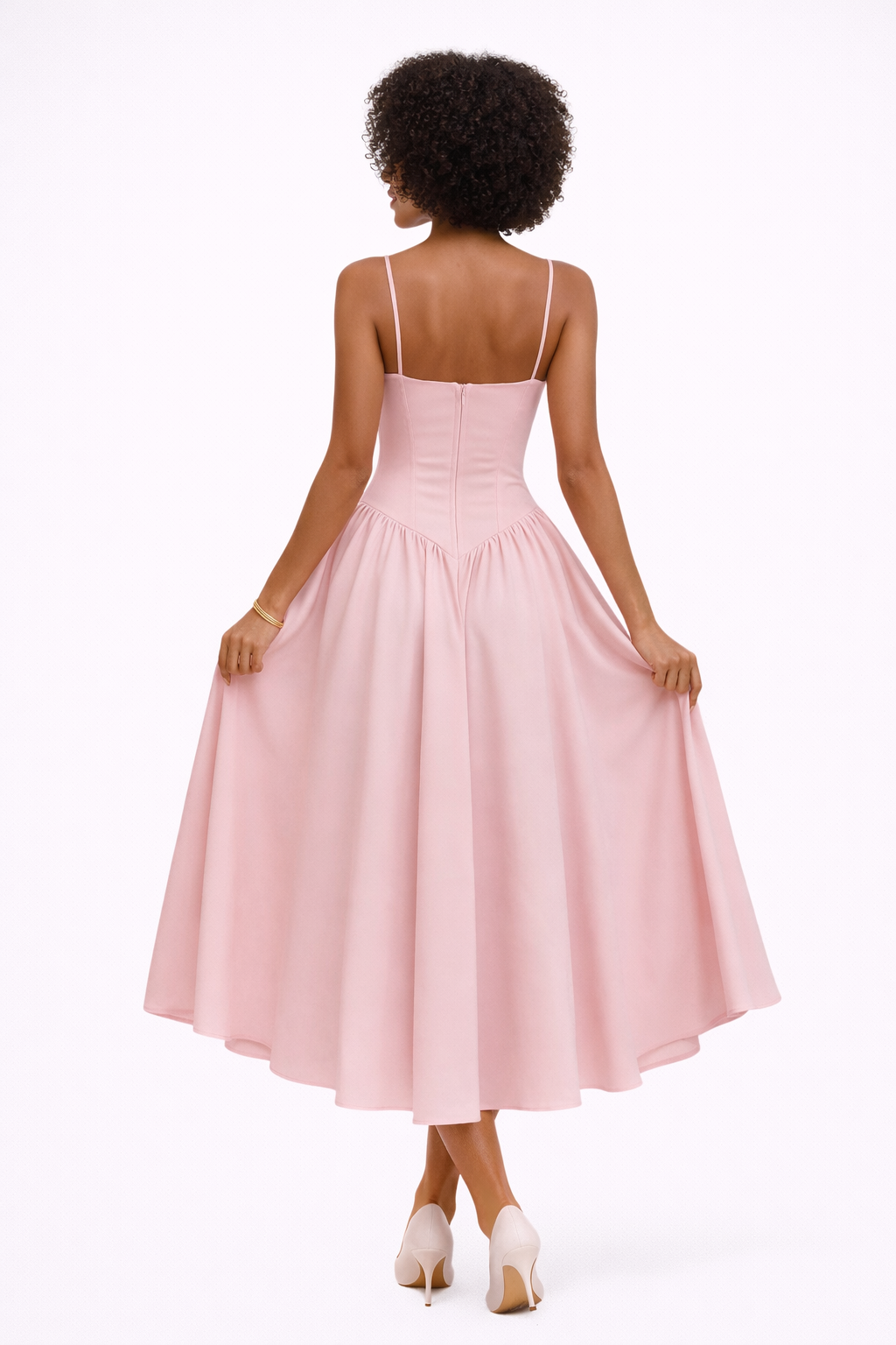 Formal women's elegant pink corset midi dress, ideal evening wear. Structured design for special occasions.