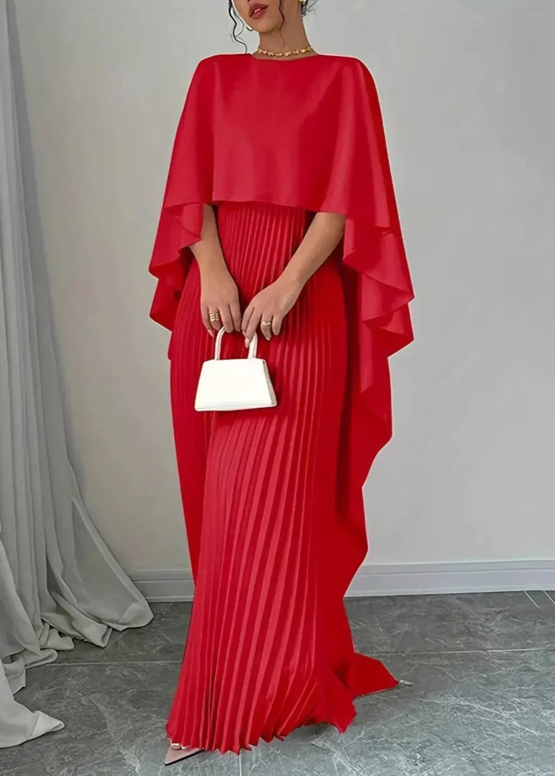Beautiful women's formal pleated cape maxi dress, an elegant option for special occasions, weddings, and evening gowns.