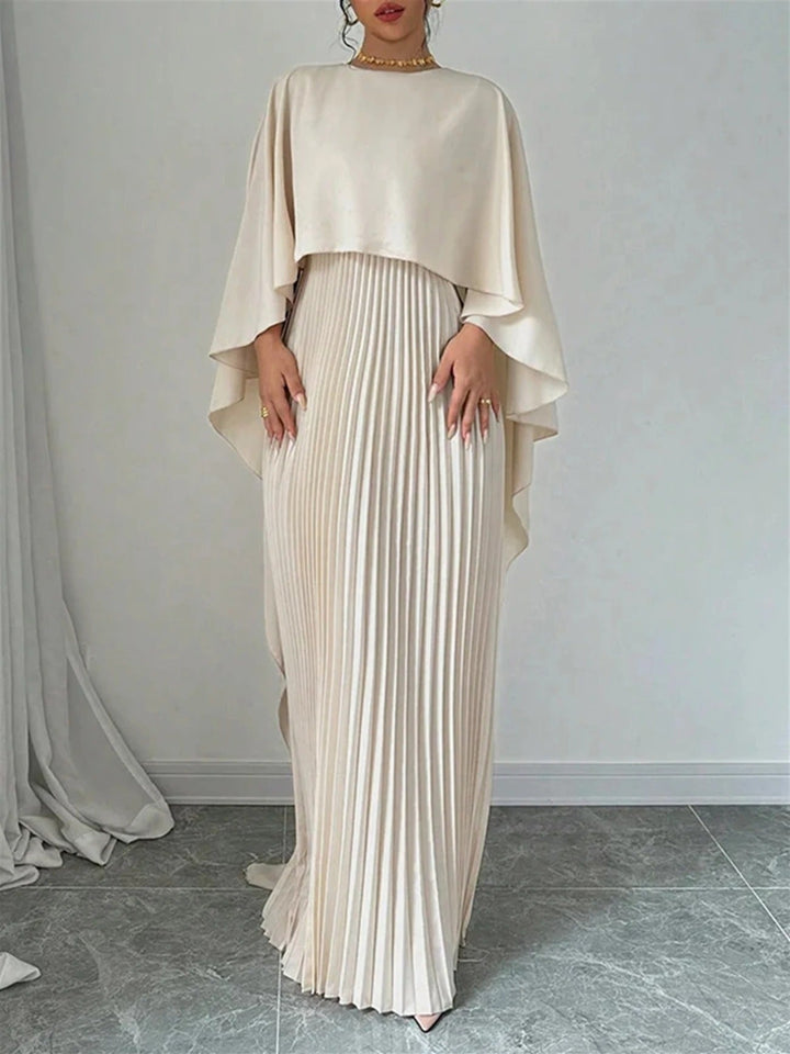 Elegant pleated cape maxi dress for women, perfect as a wedding guest formal gown.