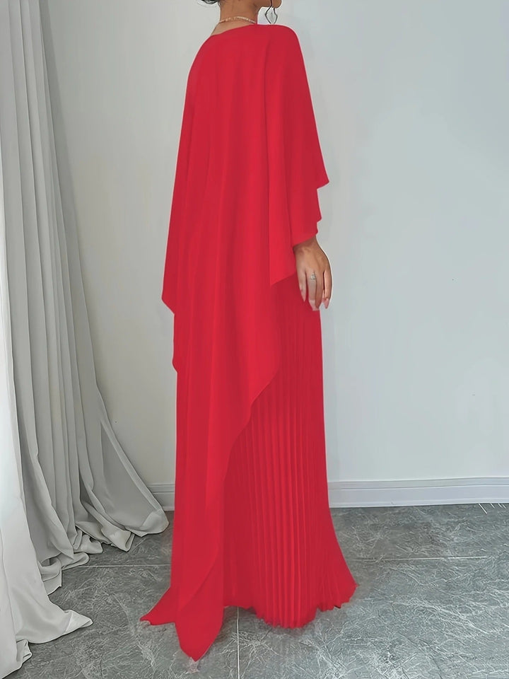 Luxurious pleated cape maxi dress, an elegant women's formal gown for weddings & special events.