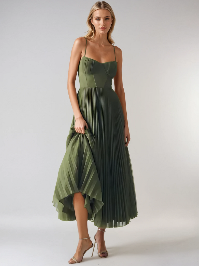 Women's formal pleated maxi gown, perfect for an evening event or sophisticated occasion.