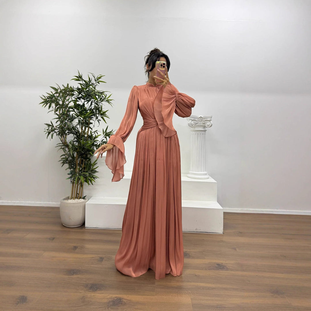 Women's elegant long sleeve pleated maxi dress, ideal for wedding guests & evening parties.