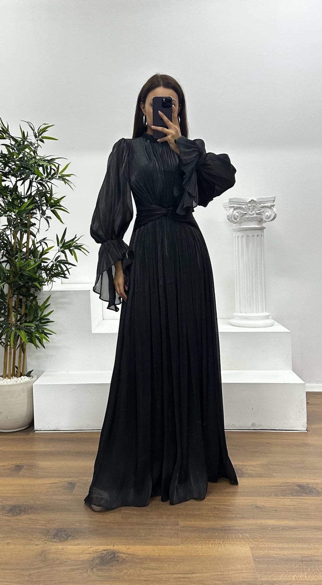 Women's formal long sleeve pleated maxi dress, an elegant choice for evening events & special occasions.