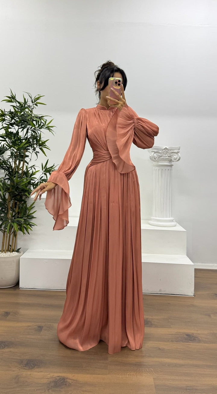Elegant women's long sleeve pleated maxi dress, perfect formal wear for wedding guests and special events.